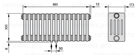 Схема (чертеж) Радиатор Zehnder Charleston 5030/15 №3470 Белый глянцевый RAL 9016